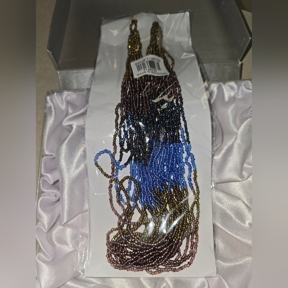 Blue and Brown Seed Beaded Multi Strand Necklace 22 Inches, NIB - Picture 5 of 6